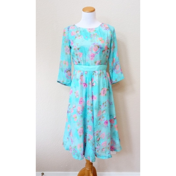 vintage Dresses & Skirts - Vintage 1970s blue floral a-line dress with sheer ¾ length sleeves